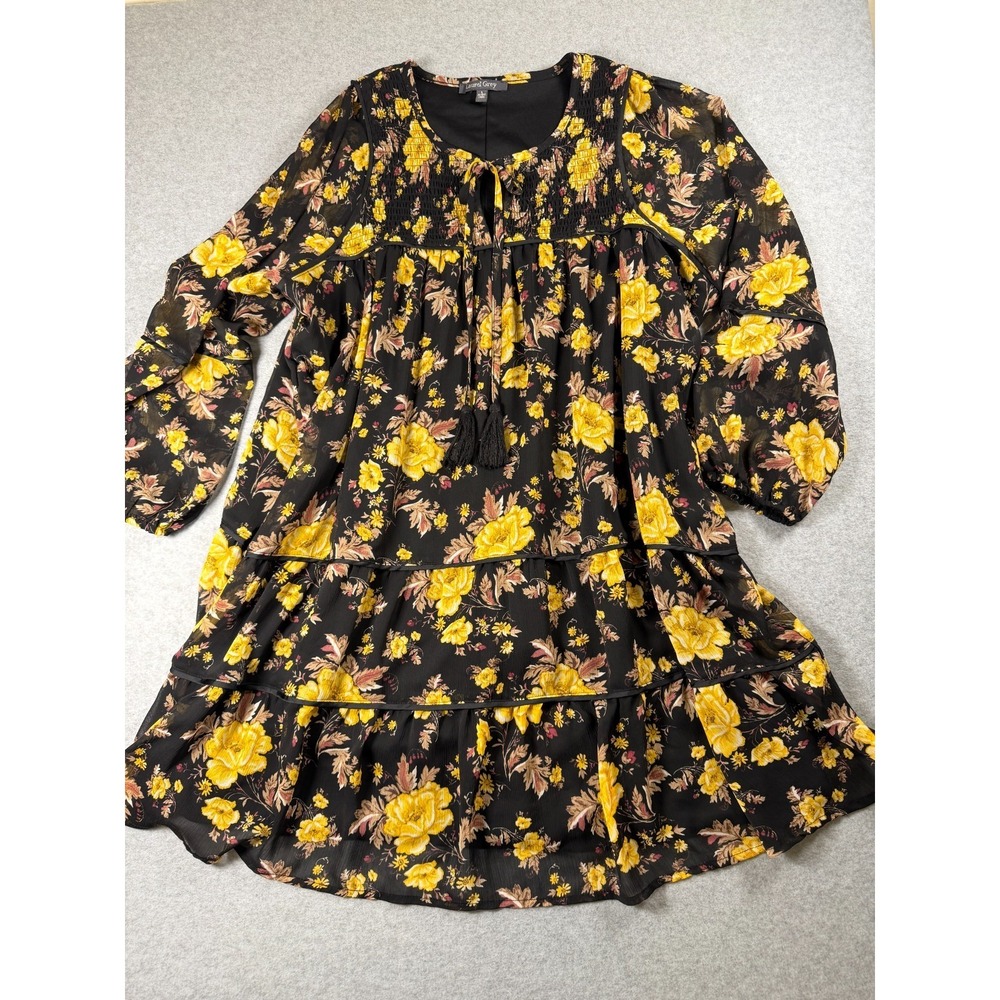Laurel Grey Dress L Black Floral Dark Romantic Whimsigoth Chiffon Smocked SKU284